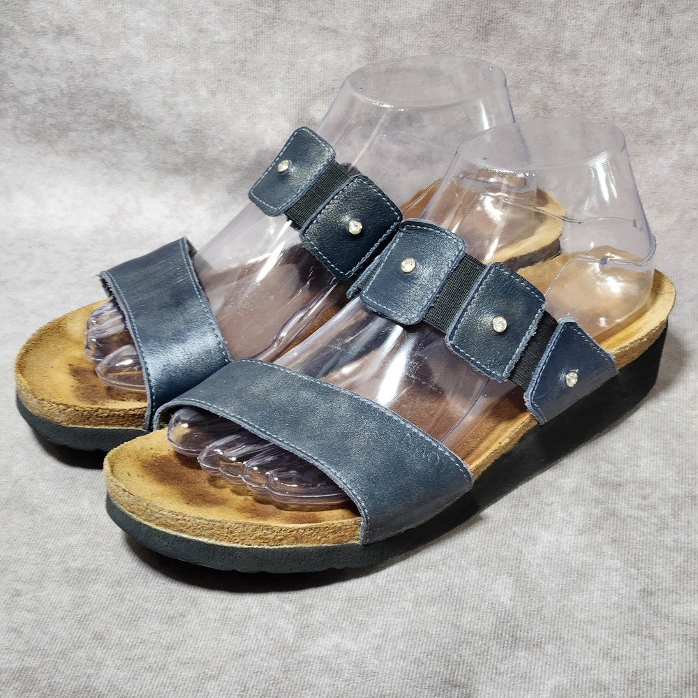 Naot Ashley Navy Blue Leather Rhinestone Slide Sandals Cork Footbed Size 40 EU